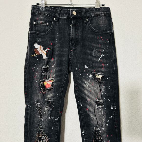 AMIRI Skinny-Fit Appliquéd Paint-Splatter Distressed Stretch-Denim Jean Black 28 - Picture 13 of 15